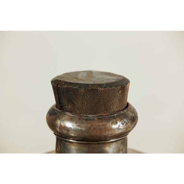 Vintage Indian Handcrafted Metal Water Vessel with Wooden Stopper For Sale - Image 10 of 18