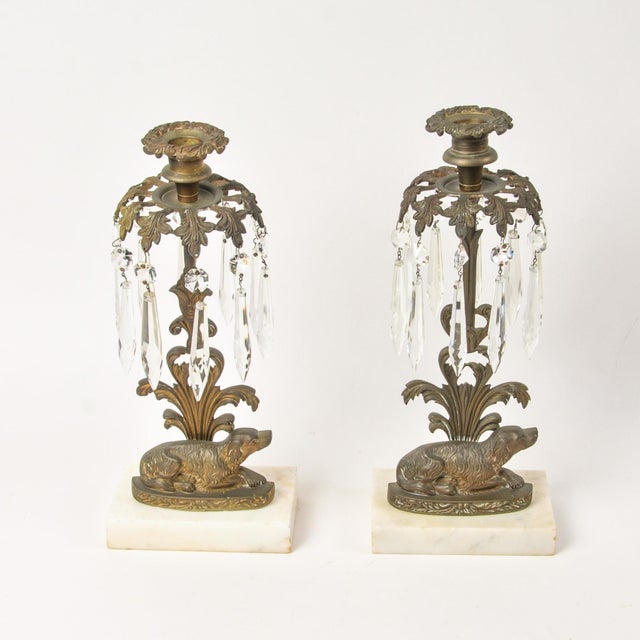 Victorian Antique Brass Spaniel Dog Candle Holders With Marble Base and Crystals For Sale - Image 3 of 16