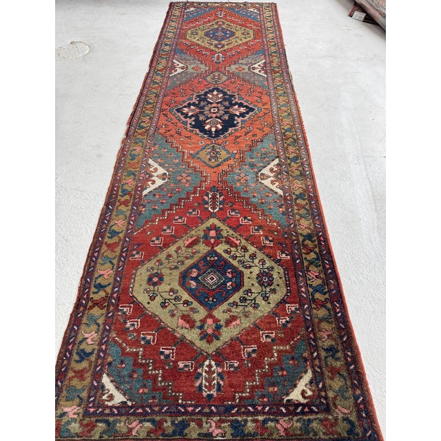 1920s Antique Heriz Runner Lake Blue Rug 3 x 10.2 For Sale - Image 5 of 12