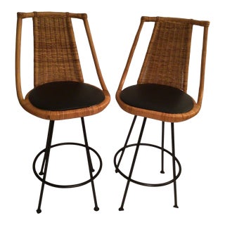 Mid Century 1960s Wicker Bamboo 360 Degree Swivel Bar Stools Made in Hong Kong- Pair For Sale