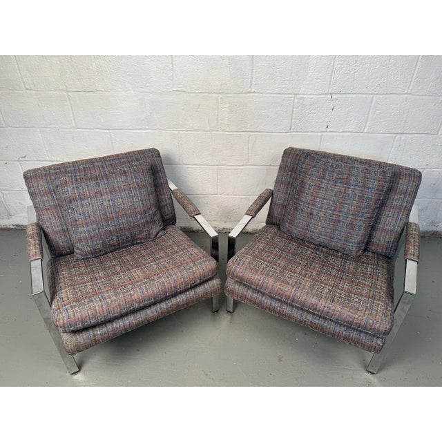 Milo Baughman for Thayer Coggin Mid 20th Century Milo Baughman for Thayer Coggin Chrome Flat Bar Lounge Chairs - Set of 2 For Sale - Image 4 of 11