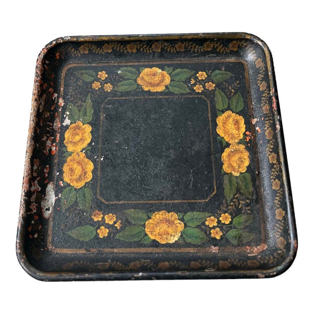 Antique French Hand-Painted Floral Toleware Tray For Sale