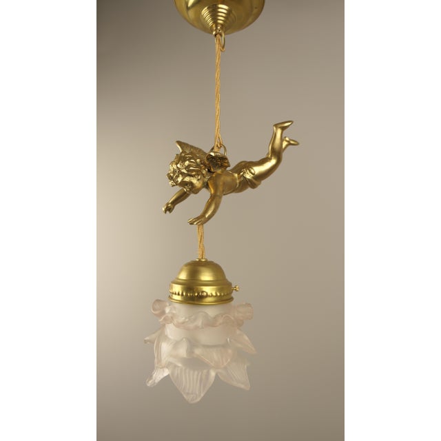 Gold Brass Ceiling Lamp with Putto, France, 1910s For Sale - Image 8 of 10