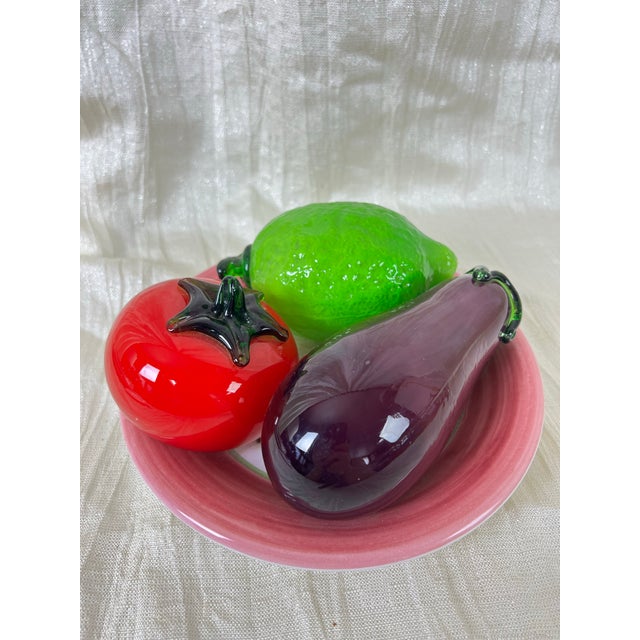 Glass Vintage Art Glass Fruit Centerpiece on Portuguese Plate Tomato Lemon Eggplant For Sale - Image 7 of 10