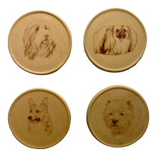 Set of 4 Vintage Honiton Pottery England Round Ceramic Dogs Coasters For Sale