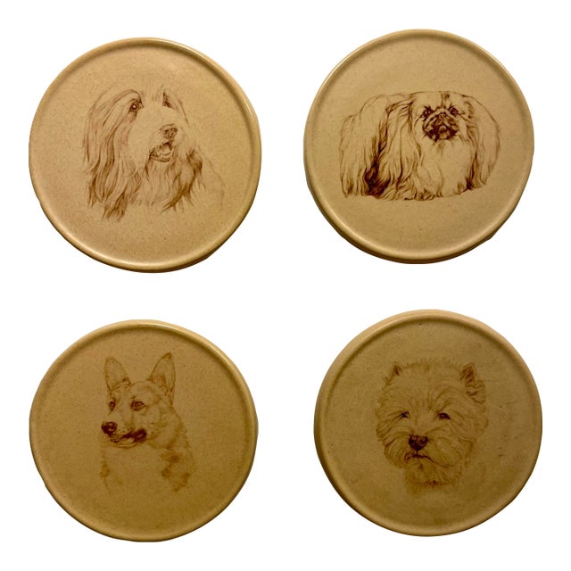 Set of 4 Vintage Honiton Pottery England Round Ceramic Dogs Coasters For Sale