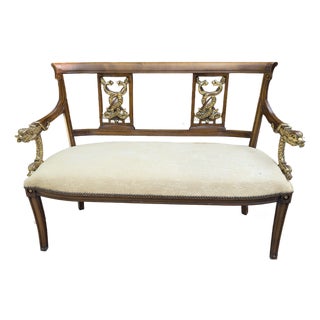 Early 20th Century Antique Wood Settee With Gilt Gold Carved Dolphins Dragons For Sale