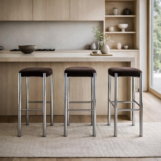 Chrome Bar Stools With Chocolate Velvet Seats, Set of Three,Vintage Mid Century For Sale - Image 14 of 18