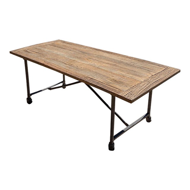 Vintage 60” Salvaged Solid Wood and Cast Iron Dining Table From Retired Restoration Hardware Collection For Sale