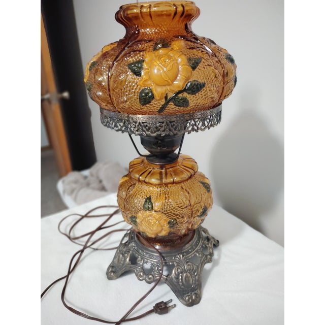 Pair of Vintage 1970 EF & EF Industries Hurricane Lamp Model 338 Amber Glass Yellow Rose.