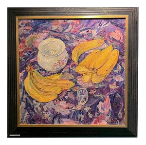 Maya Kopitzeva, Still Life, Bananas, Peaches and Grapes, Oil on Canvas, 1980