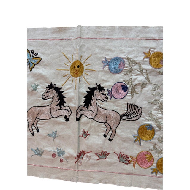 Mid-Century Modern Winged Horse Suzani Wall Hanging, Gold Vines For Sale - Image 3 of 6