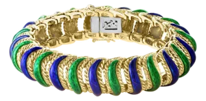 18 Karat Yellow Gold 95 Grams and Green and Blue Enamel Bangle or Bracelet