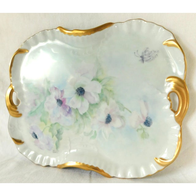 Gold Elegant Antique Porcelain Hand Painted Signed Floral 24k Gold Trim Perfume Tray W/ Handles For Sale - Image 8 of 11