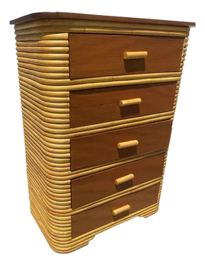 1930s Restored Art Deco Stacked Rattan Highboy Dresser W/ Mahogany