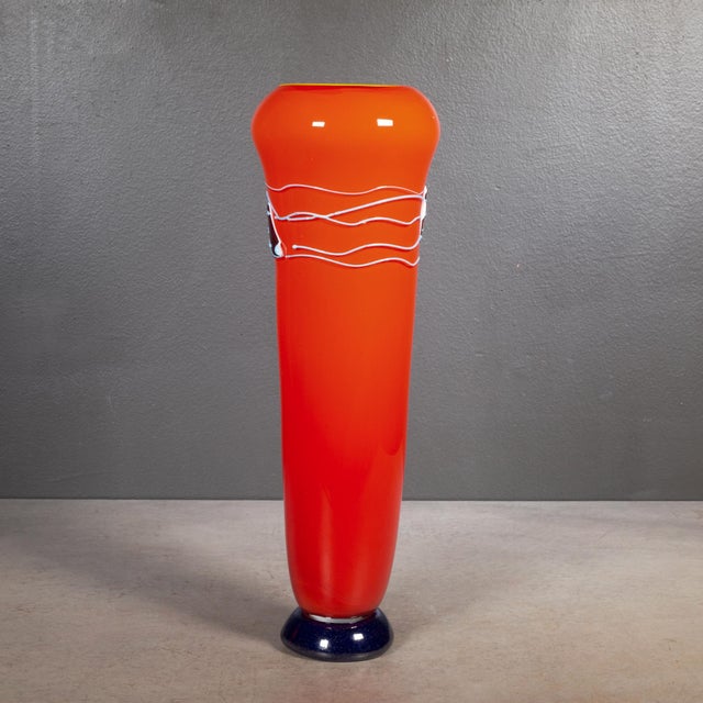 Modern Signed Hand Blown Orange Glass Vase c.1995 For Sale - Image 3 of 6