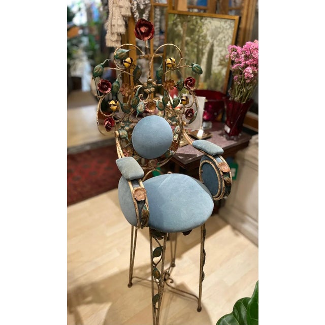 French Country Vintage Ornate French Iron Artist's Chaise Seats From Lyon, France, Colorful Rose, Flowers & Leaves Motif- Set of 2 For Sale - Image 3 of 7