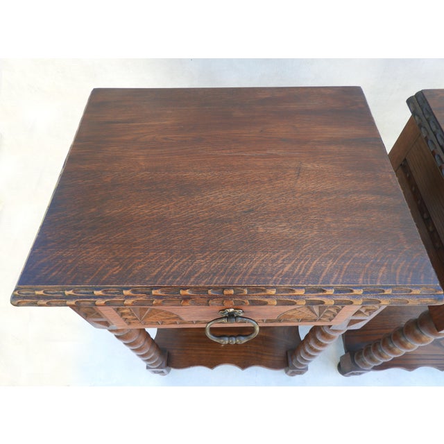 Neo-Basque Carved Oak Single Drawer Nightstands by Charles Dudouyt, France, 1930s, Set of 2 For Sale - Image 10 of 11