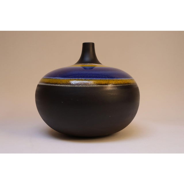 Vintage Italian Oversized Ceramic Vase With Blue and Yellow Glazed Banding For Sale - Image 12 of 12