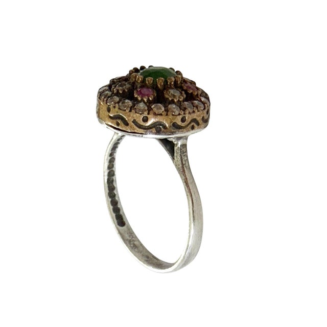 Vintage Natural Ruby, Emerald & Diamond Ring Sterling Silver Size 7 For Sale - Image 9 of 10