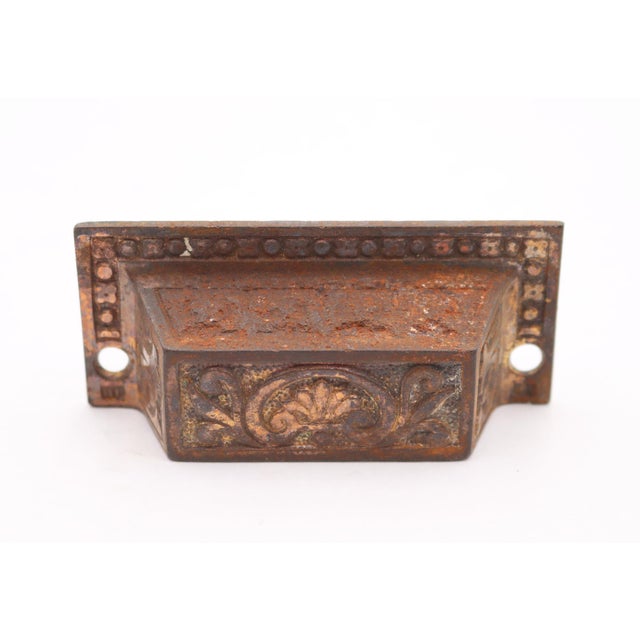 Victorian Pair of Antique Victorian 3.25 In. Brass Plated Cast Iron Bin Pulls For Sale - Image 3 of 6