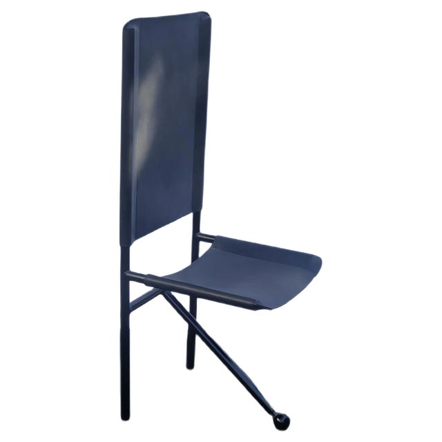 Vintage Tripod Black Leather and Black Metal Side Chairs, Set of 6 For Sale