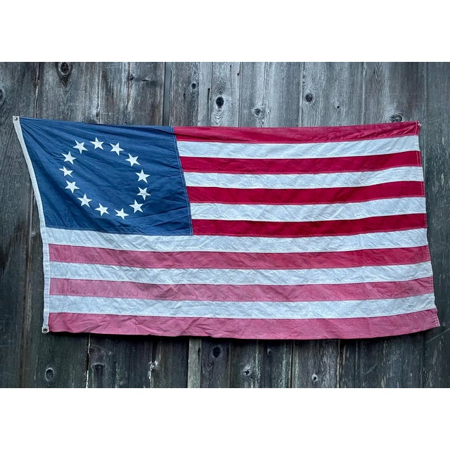 Blue Real Vintage Betsy Ross American Revolutionary Flag 13 Stars Cotton 1976 With Beautiful Naturally Faded Patina and Wear. 3x5 For Sale - Image 8 of 8