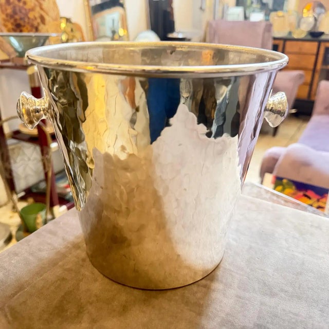 Metal 1970s Mid-Century Modern Silver Plated Hammered Italian Wine Cooler For Sale - Image 7 of 11