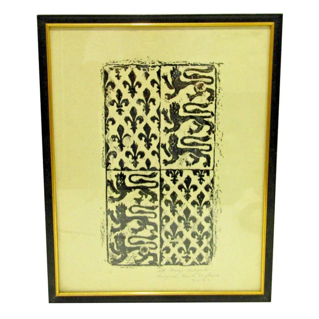 1967 St. Mary of Ashford Church Kent England Dragon Fleur De Lis Brass Rubbing For Sale