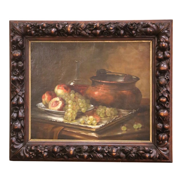 19th Century French Still Life With Fruit and Copper Pot in Carved Walnut Frame For Sale