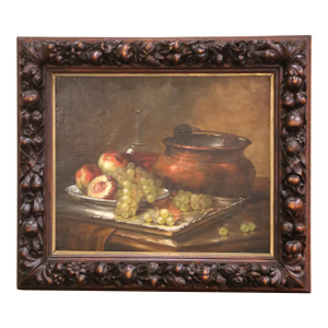 19th Century French Still Life With Fruit and Copper Pot in Carved Walnut Frame