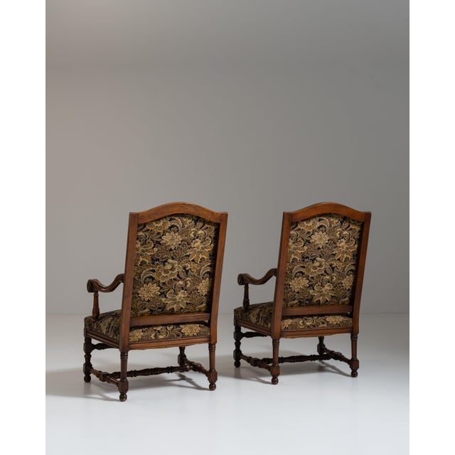 Pair of 19th Century French Dark Brown Louis XIII Upholstered Throne Armchairs For Sale - Image 10 of 14