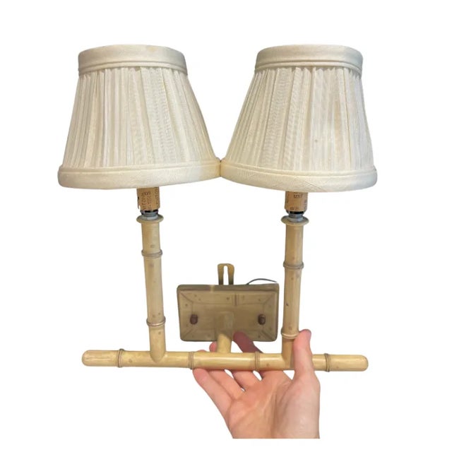 Asian 1980's Faux Bamboo Finish Sconce With Silk Shades For Sale - Image 3 of 8