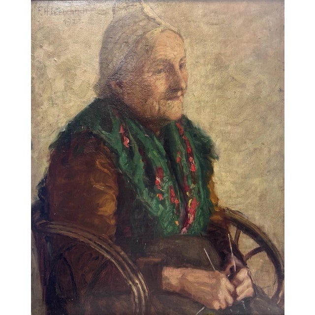 Fritz Hildebrandt, Elderly Lady Knitting, Oil Painting on Canvas, in Very Good conditions. Designed 1920 to 1949 This...