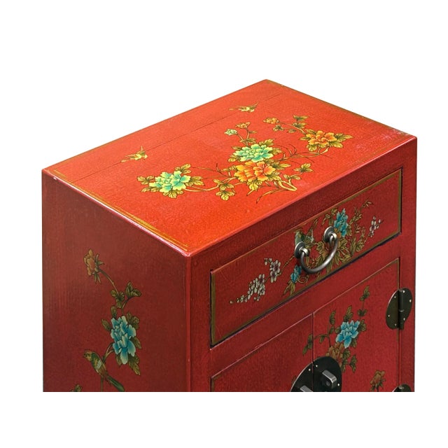 Chinese Red Vinyl Moon Face Flower Birds End Table Nightstand For Sale - Image 9 of 10