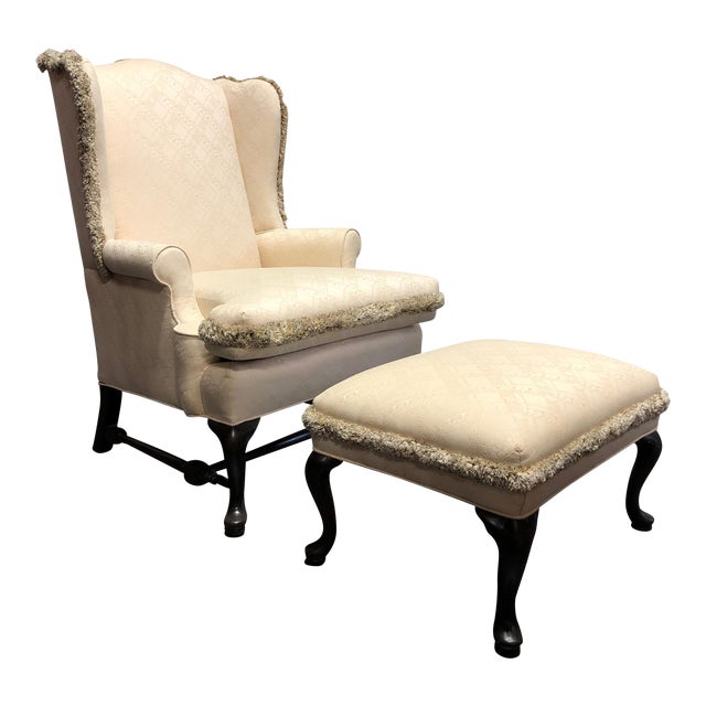 Queen Anne Style Wing Back Chair W Ottoman, Neutral + Fringe Chairish