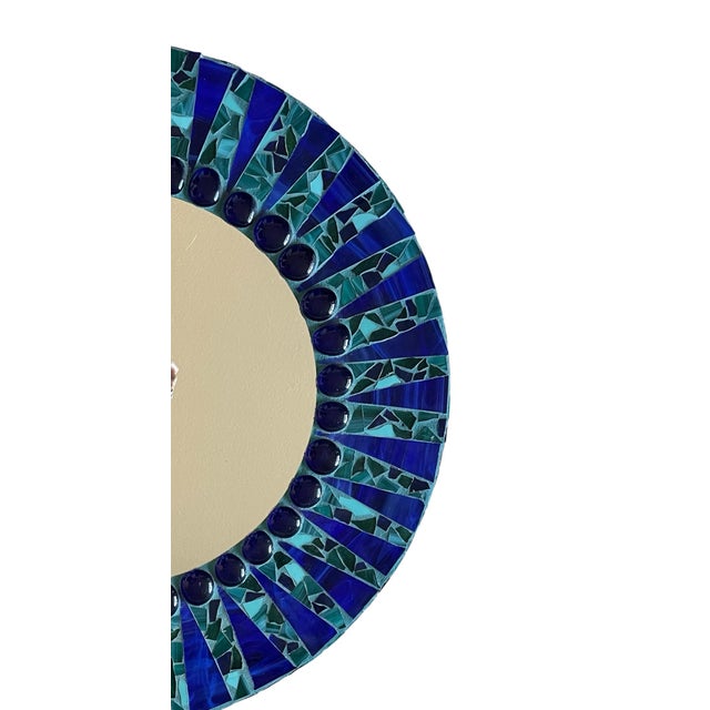 Mexican Round Mosaic Wall Mirror Inlaid With Ceramic and Glass Blue and Green Tile. 24 Inches. For Sale - Image 3 of 8
