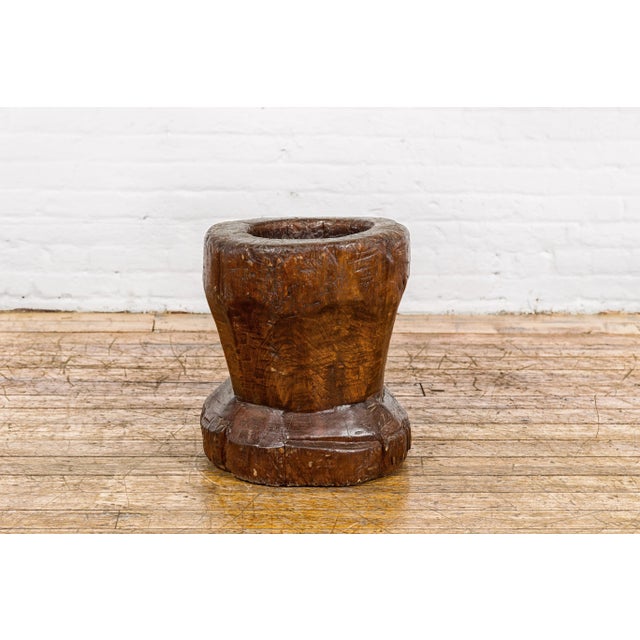 19th Century Rustic Teak Wood Mortar Urn, Antique Planter for Vintage Home Decor For Sale - Image 12 of 12