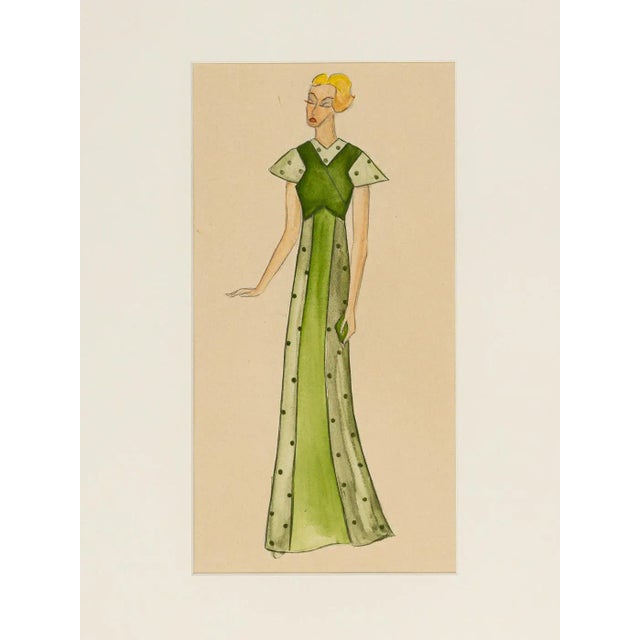 Art Deco Fashion Drawings IV, 1920s, Gouache on Paper, Framed, Set of 3 For Sale - Image 6 of 10