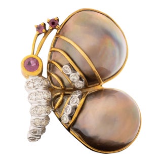 18k Rose Gold, Diamond, Ruby, and Pearl Butterfly-Form Ring For Sale