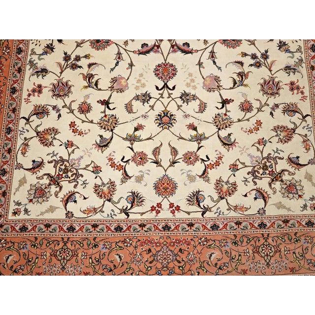 Cream Vintage Persian Tabriz Rug, Handwoven Allover Floral Pattern, Ivory & Pale Pink, 7’ X 10’ For Sale - Image 8 of 12
