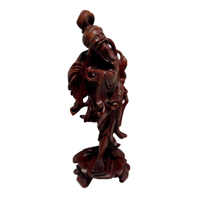 Antique Chinese Wood Carving Old Man With Carps Sculpture For Sale