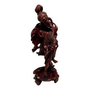 Antique Chinese Wood Carving Old Man With Carps Sculpture