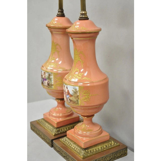 Antique French Victorian Paris Porcelain Coral Figural Painted Table Lamps, Pair For Sale - Image 12 of 14
