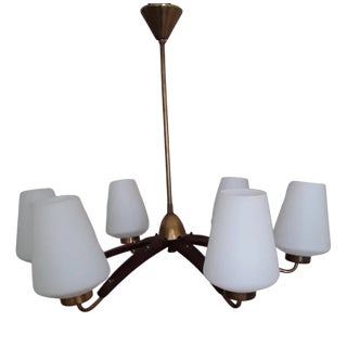 Mid-Century German 6-Flame German Chandelier with Brass and Teak and White Glass Screens, 1960s For Sale