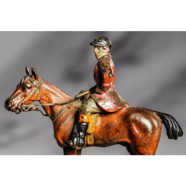 English Charming Antique Austrian Cold Painted Bronze Fox Hunt Horse Sculpture Catchall English Equestrian Desk Tray Black Stone Home Office Decor For Sale - Image 3 of 13