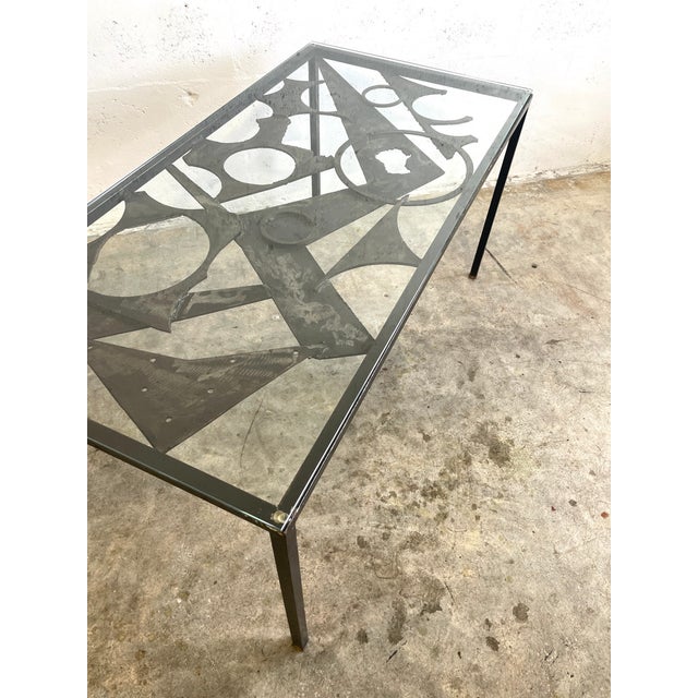Mid Century Brutalist Coffee or Console Table with glass top. 43.5w 22d 21h