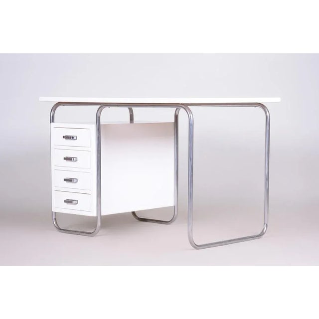 White Tubular Bauhaus Writing Desk in Chrome-Plated Steel to the High Gloss attributed to Robert Slezak, Czech, 1930s For Sale - Image 12 of 12