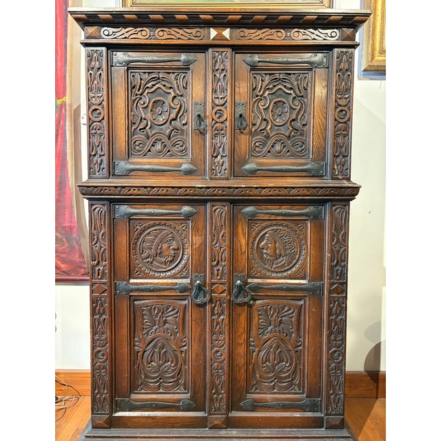 Early 20th Century Hand-Carved Gothic Revival Two-Tiered Cabinet With Iron Hardware For Sale - Image 4 of 16