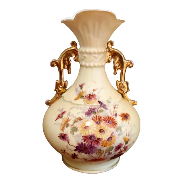 Antique Rw Rudolstadt Germany Hand-Painted Floral Vase Gilded Double Handles For Sale